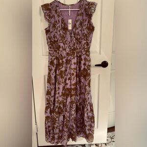 Anthropologie Purple and Brown Floral Midi Dress